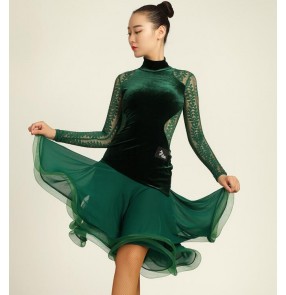 Black dark green velvet  lace see through back and long sleeves competition performance professional women's ladies latin ballroom dance dresses outfits